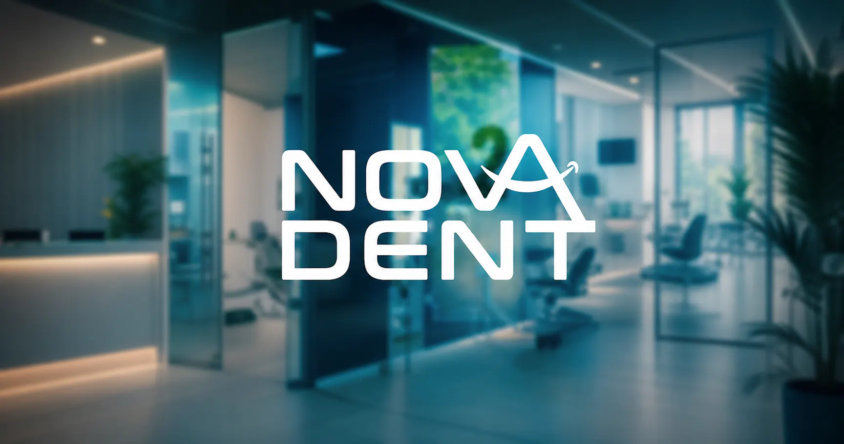 NOVADENT kliniği önünde beyaz NOVA DENT logosu